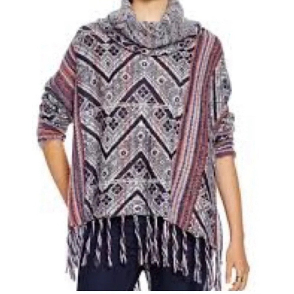Free People Sweater Women's Small Poncho Boho Fringe Knit Tribal Wool Blend Gray
